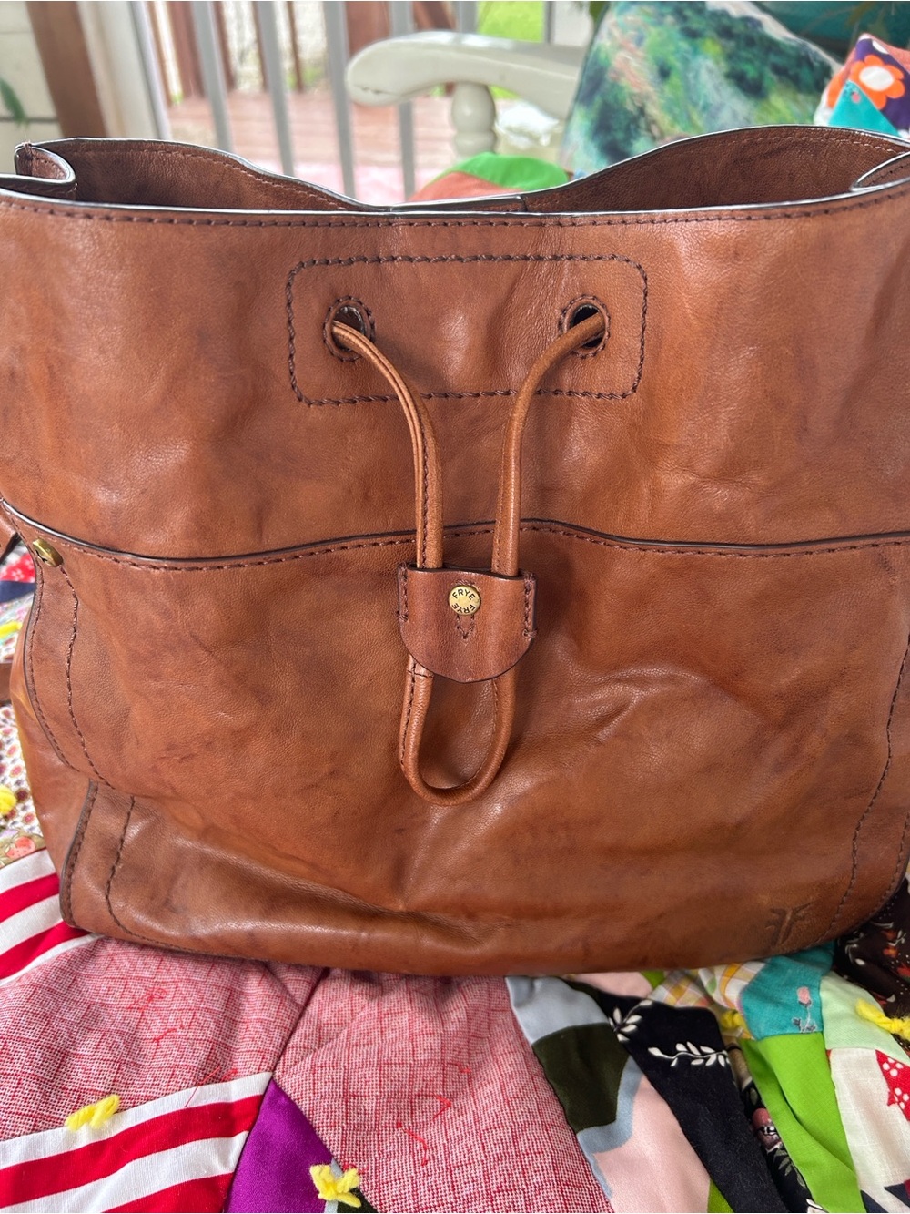 Frye Cognac Brown Leather Drawstring Tote
